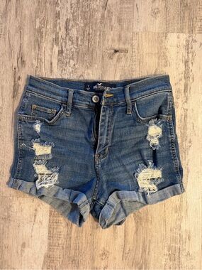 Hollister Distressed Roll-Cuff Denim Shorts in Medium Blue
